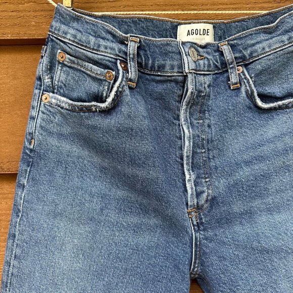 Agolde Riley Crop Button Fly High Waist Straight Leg Blue Jeans Size 28 - Picture 10 of 16